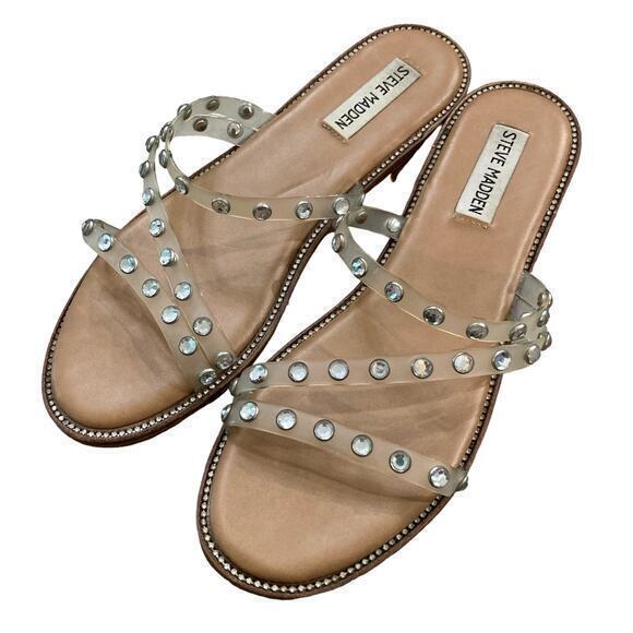 Steve Madden Women's Clear Studded Sandals‎ Size 8 Strappy Slip On Spring Summer - Picture 1 of 10